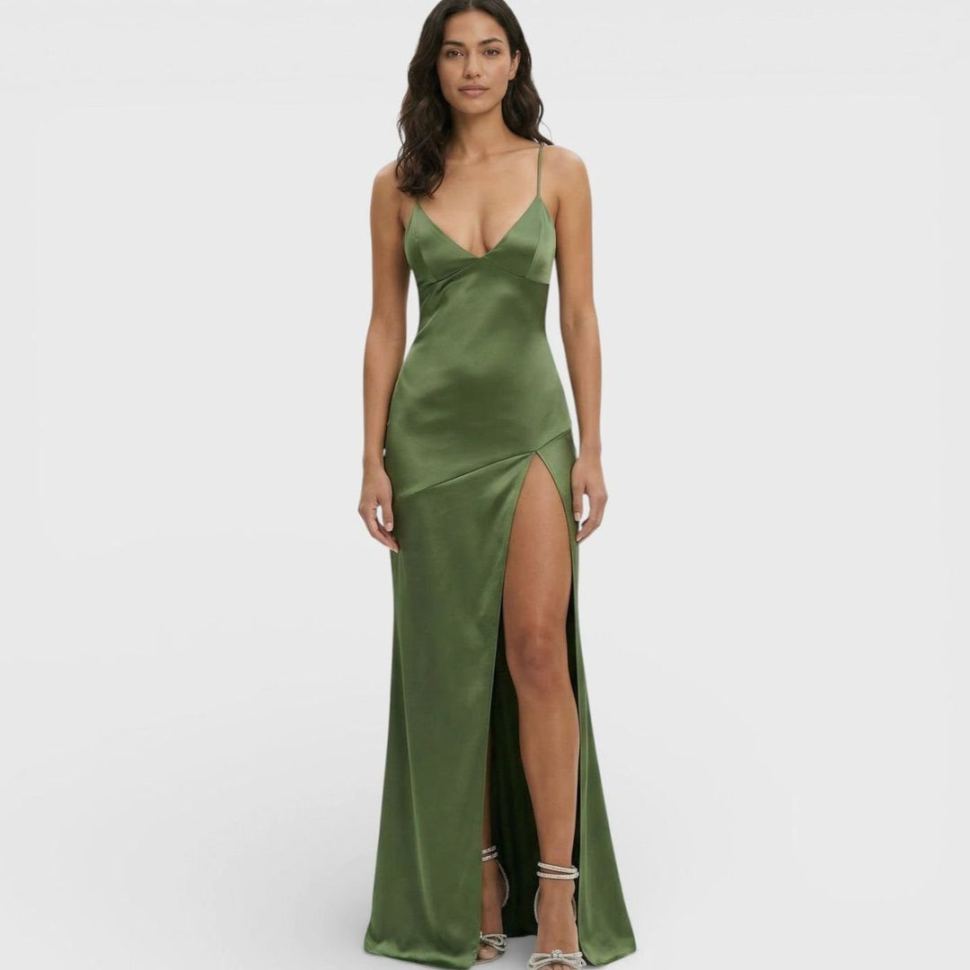 Riley | Women's Satin-Finish V-Neck High-Slit Maxi Dress