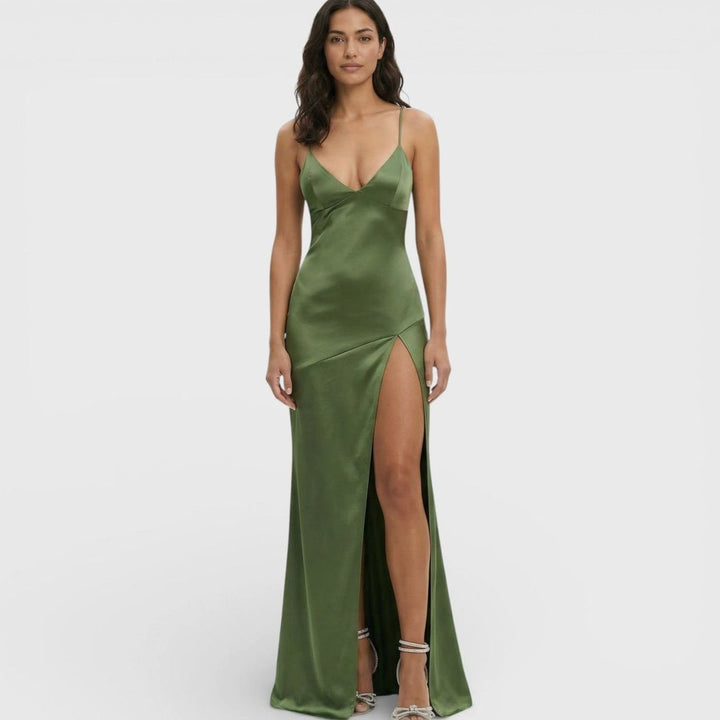 Riley | Women's Satin-Finish V-Neck High-Slit Maxi Dress