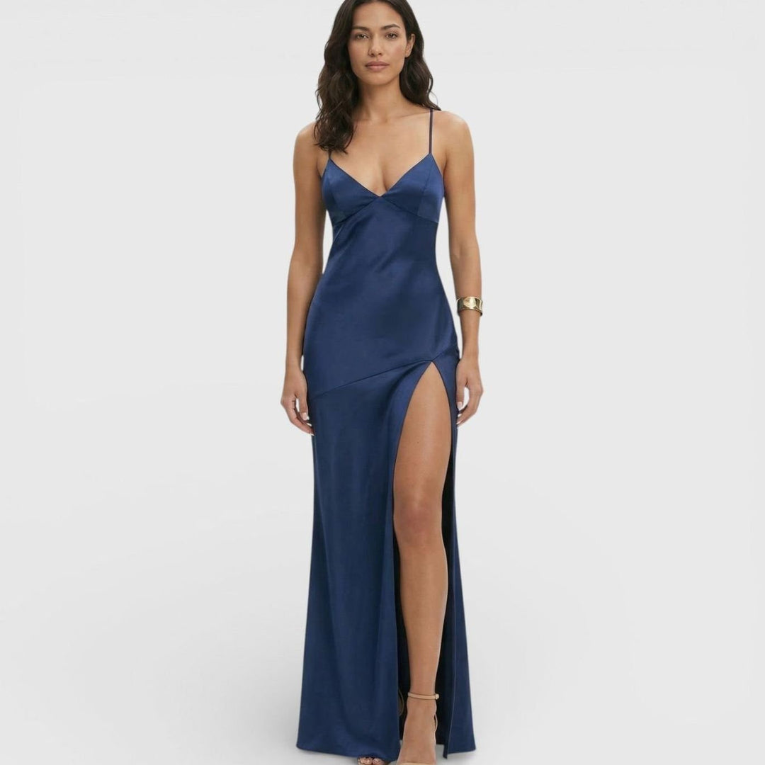 Riley | Women's Satin-Finish V-Neck High-Slit Maxi Dress
