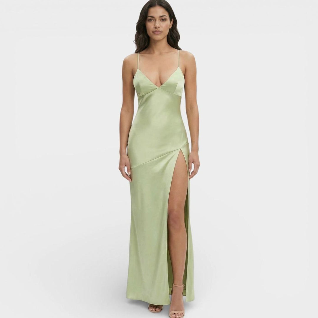 Riley | Women's Satin-Finish V-Neck High-Slit Maxi Dress