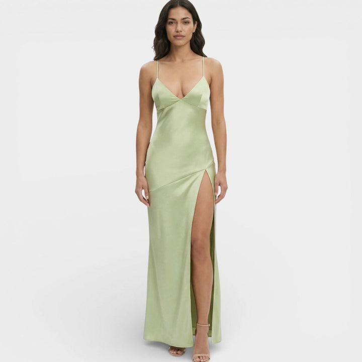 Riley | Women's Satin-Finish V-Neck High-Slit Maxi Dress