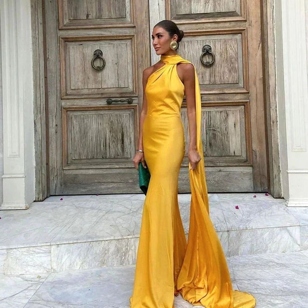 Olivia | Women's Satin Halter-Neck Cape-Detail Open-Back Maxi Dress