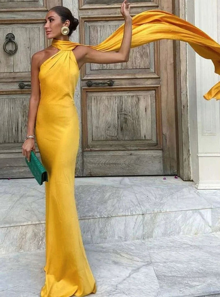Olivia | Women's Satin Halter-Neck Cape-Detail Open-Back Maxi Dress