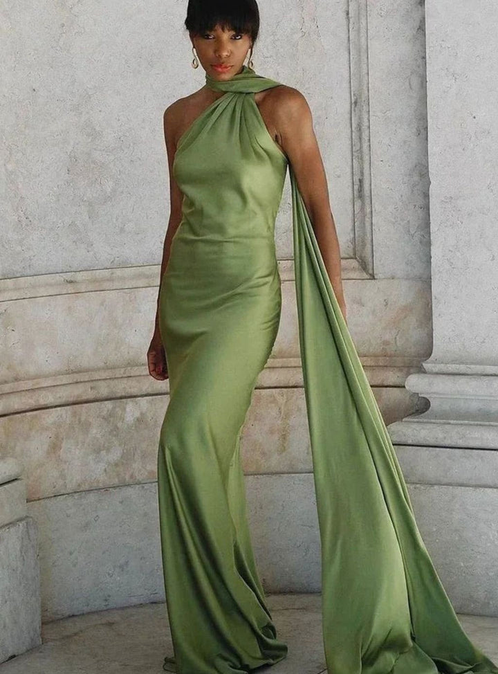 Olivia | Women's Satin Halter-Neck Cape-Detail Open-Back Maxi Dress