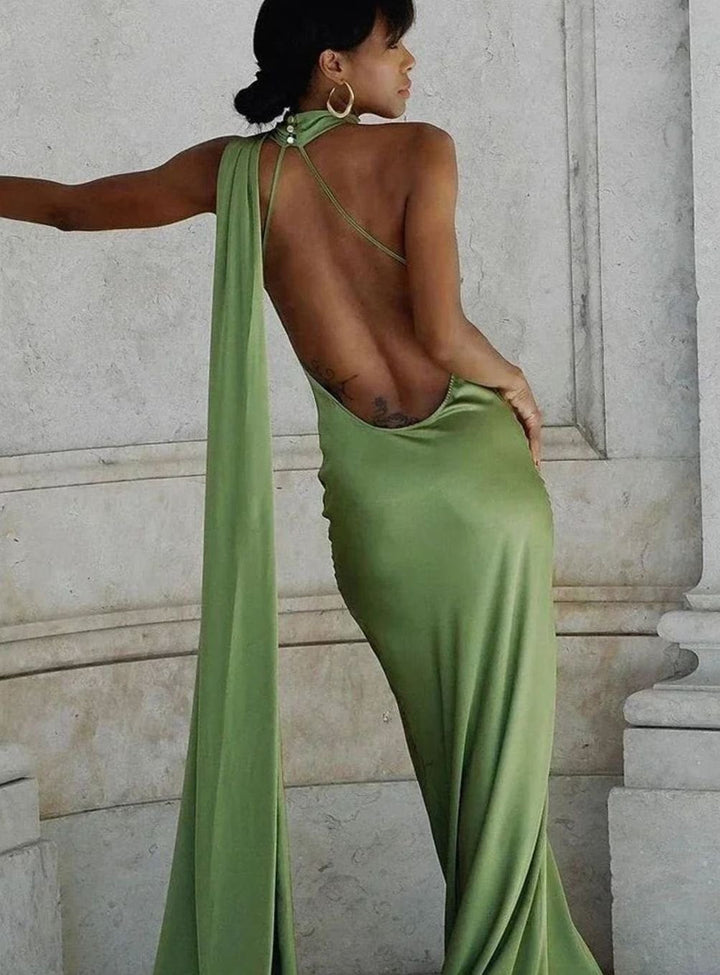 Olivia | Women's Satin Halter-Neck Cape-Detail Open-Back Maxi Dress