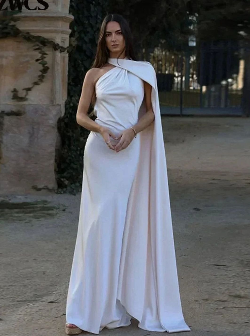 Olivia | Women's Satin Halter-Neck Cape-Detail Open-Back Maxi Dress