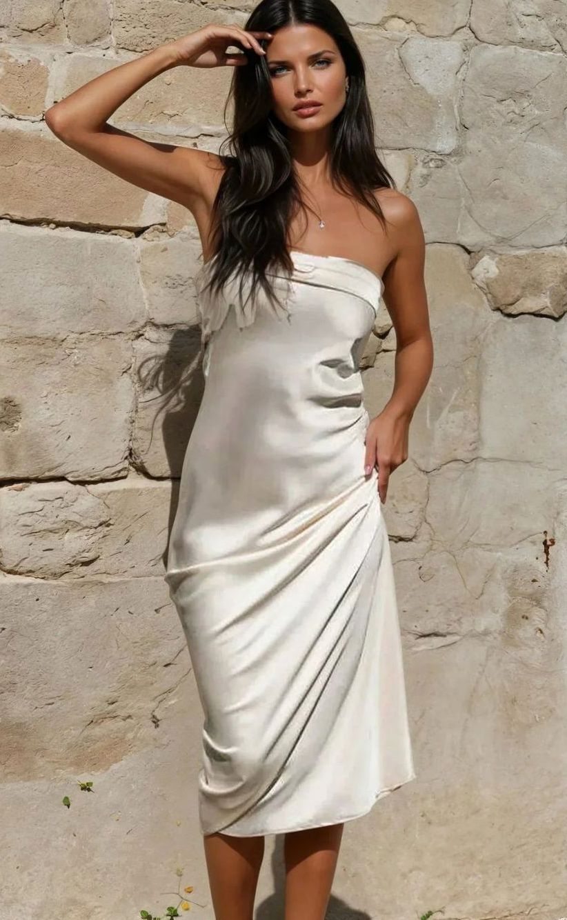 Amelia | Women's Satin Strapless Ruched Midi Maxi Dress