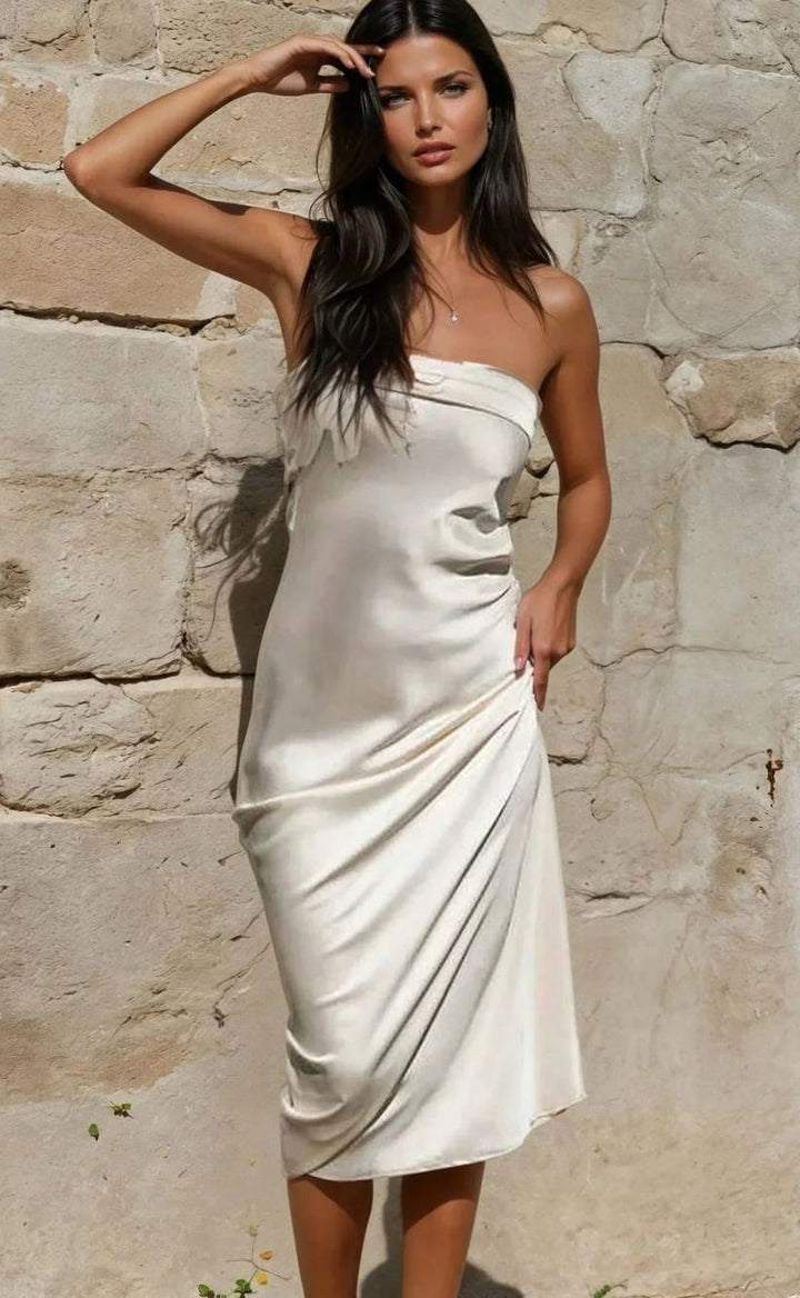 Amelia | Women's Satin Strapless Ruched Midi Maxi Dress
