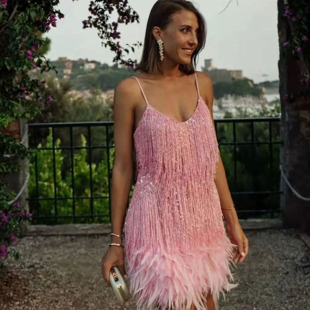 Olivia | Women's Sequin Fringe Feather Trim Cocktail Dress