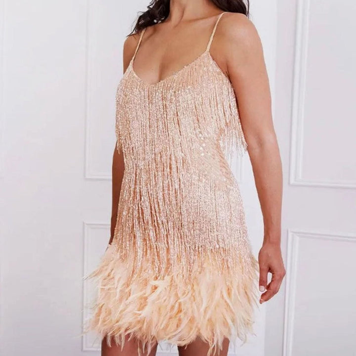 Olivia | Women's Sequin Fringe Feather Trim Cocktail Dress