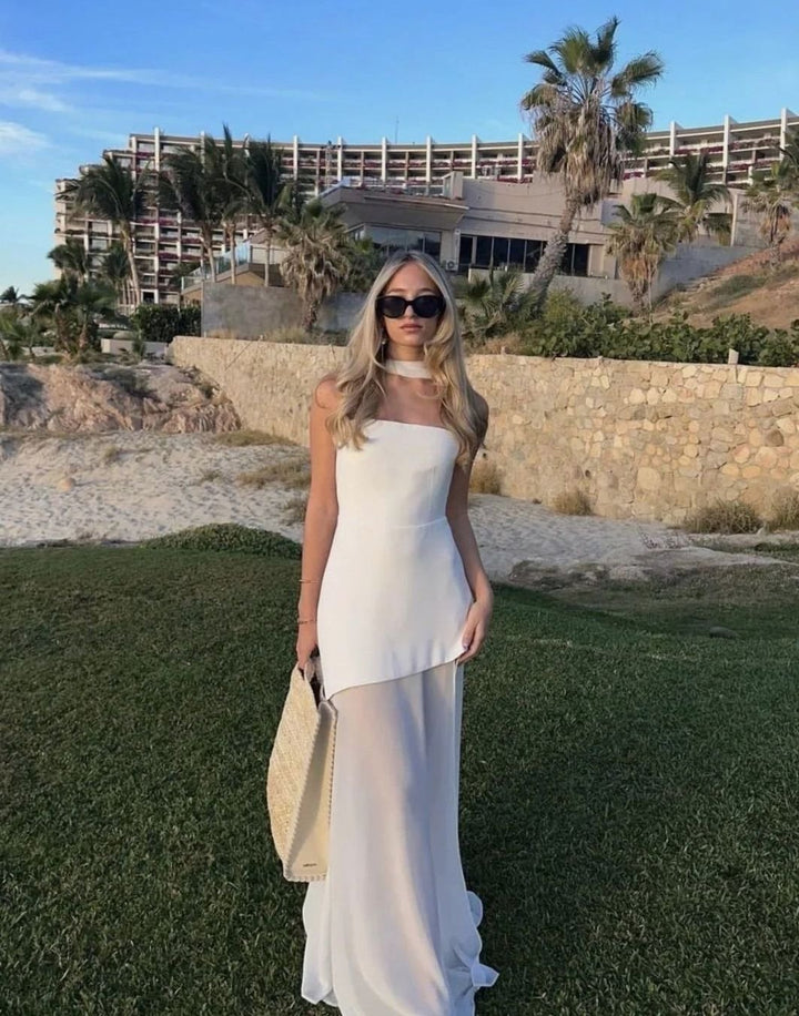Nora | Women's Sleeveless Asymmetric Bustier Wedding Guest Maxi Dress