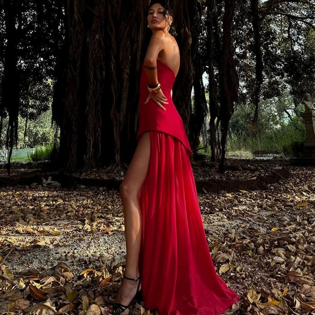 Nora | Women's Sleeveless Asymmetric Bustier Wedding Guest Maxi Dress