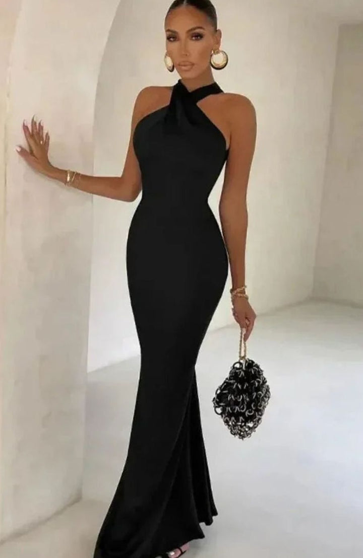 Ella | Women's Sleeveless Crossover Halter Fitted Maxi Dress