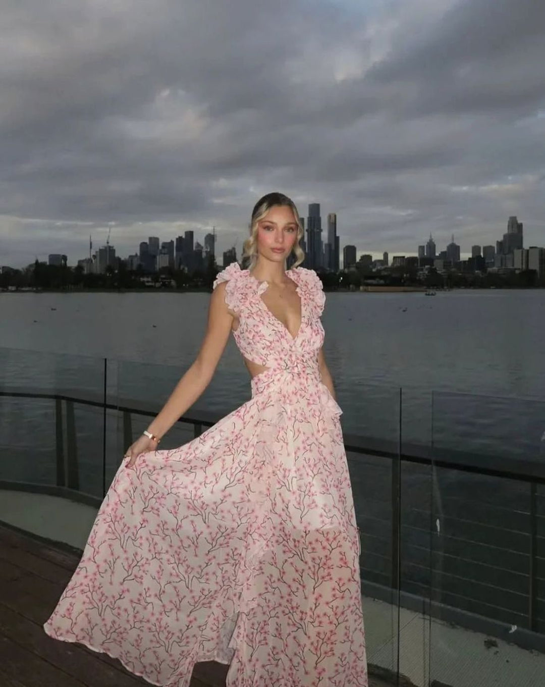 Luna | Women's Sleeveless Floral Print Deep-V Maxi Dress