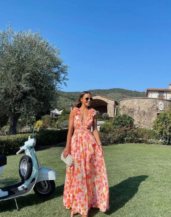 Luna | Women's Sleeveless Floral Print Deep-V Maxi Dress