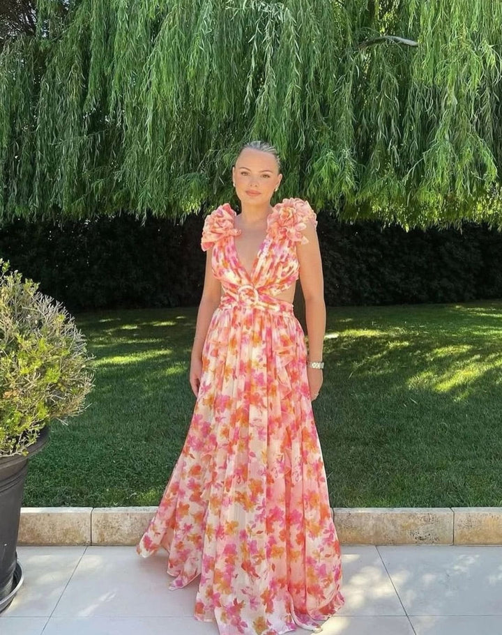 Luna | Women's Sleeveless Floral Print Deep-V Maxi Dress