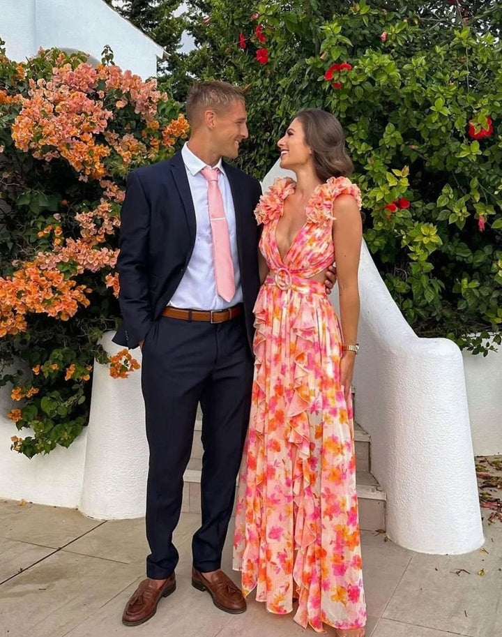 Luna | Women's Sleeveless Floral Print Deep-V Maxi Dress