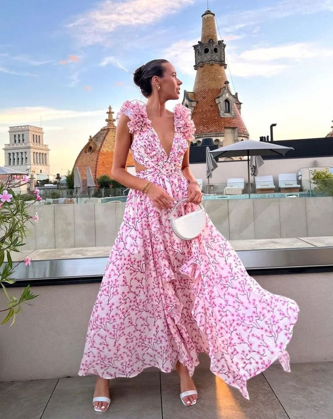 Luna | Women's Sleeveless Floral Print Deep-V Maxi Dress