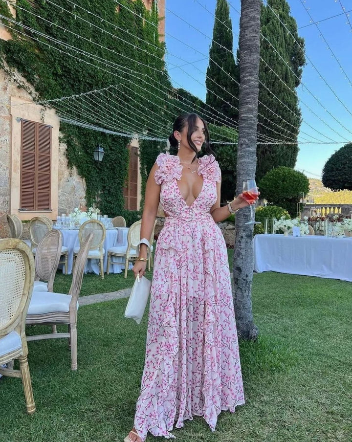 Luna | Women's Sleeveless Floral Print Deep-V Maxi Dress