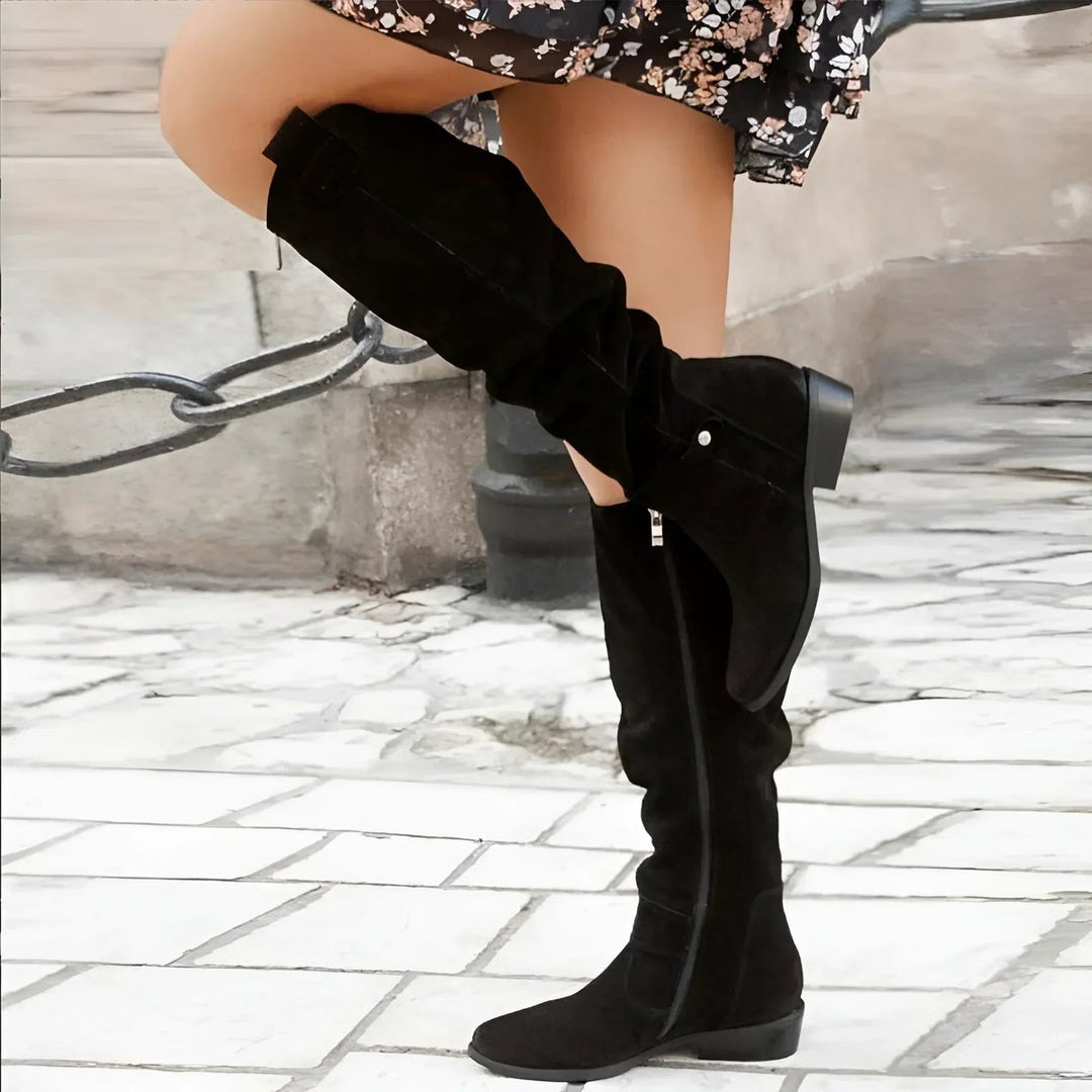 Sophia | Women's Slouchy Over-the-Knee High Boots Flat Block Heel Suede