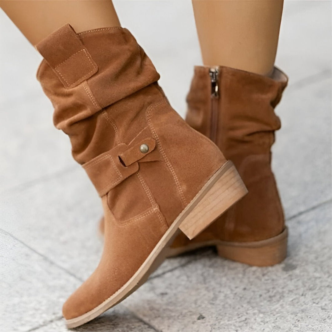 Olivia | Women's Slouchy Suede Knee High Boots Block Heel Side Zip