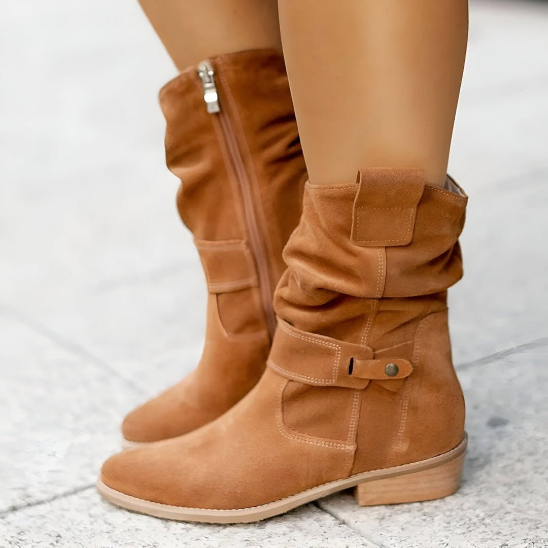 Olivia | Women's Slouchy Suede Knee High Boots Block Heel Side Zip