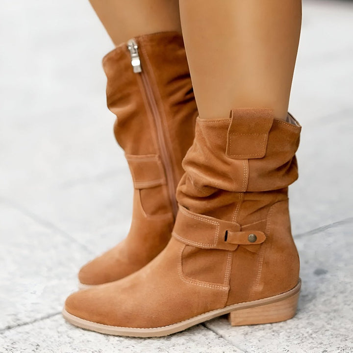 Olivia | Women's Slouchy Suede Knee High Boots Block Heel Side Zip