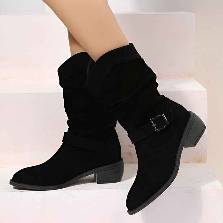 Olivia | Women's Slouchy Suede Knee High Boots Block Heel Side Zip