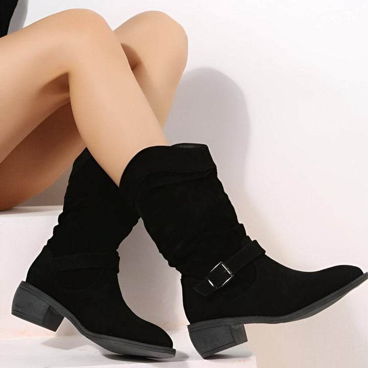 Olivia | Women's Slouchy Suede Knee High Boots Block Heel Side Zip