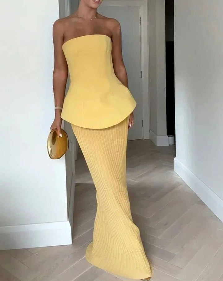 Emma | Women's Strapless Peplum Bustier Ribbed Midi Skirt Matching Set