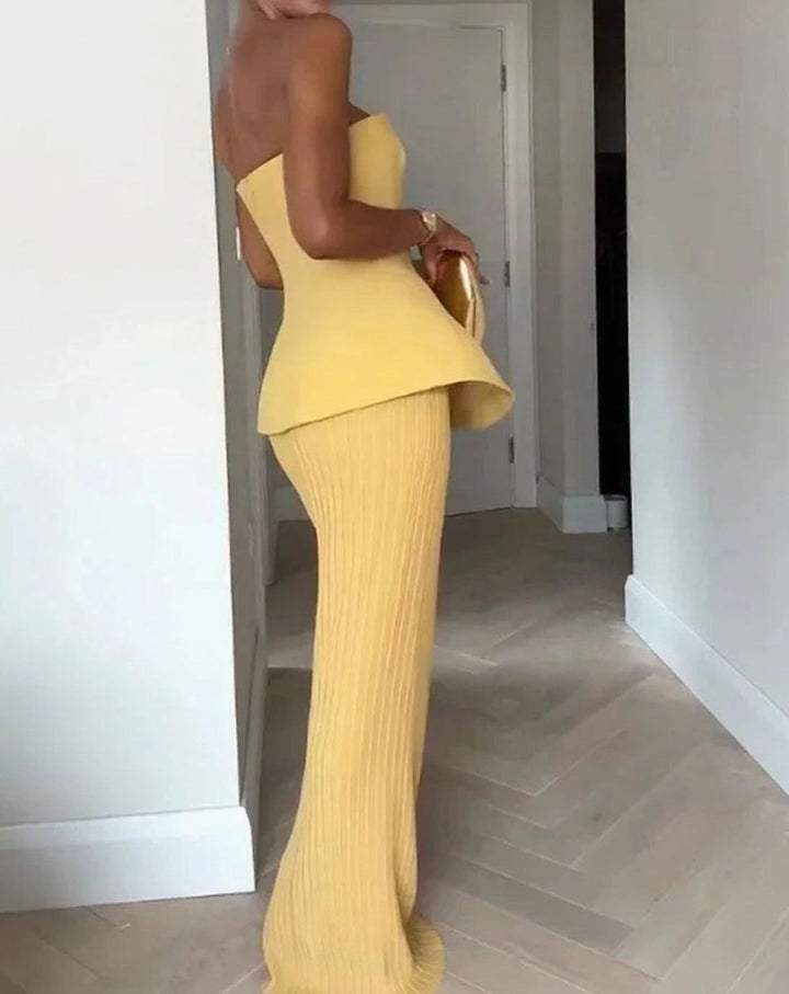 Emma | Women's Strapless Peplum Bustier Ribbed Midi Skirt Matching Set