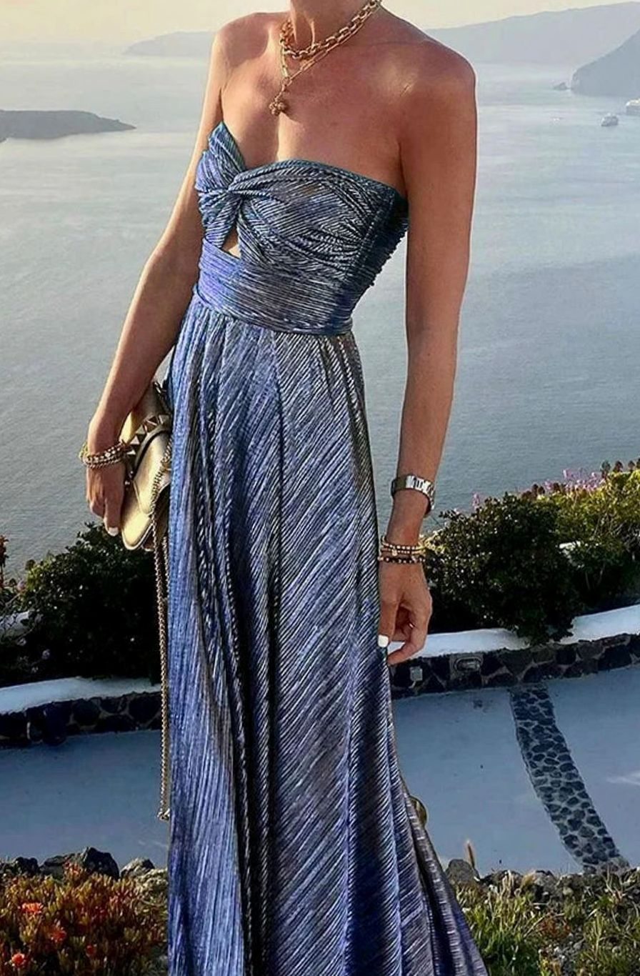 Hannah | Women's Strapless Pleated Metallic Maxi Wedding Guest Dress