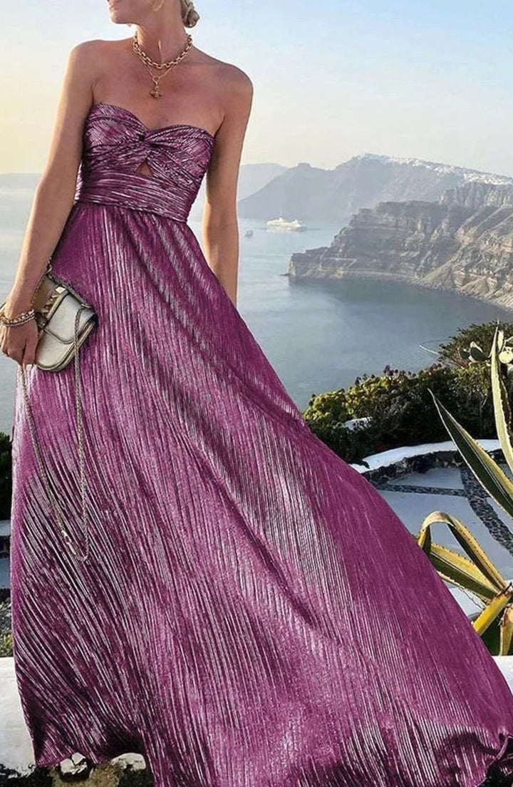 Hannah | Women's Strapless Pleated Metallic Maxi Wedding Guest Dress