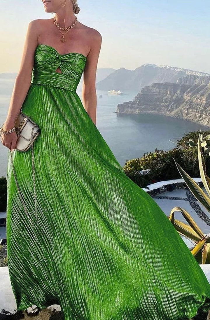 Hannah | Women's Strapless Pleated Metallic Maxi Wedding Guest Dress