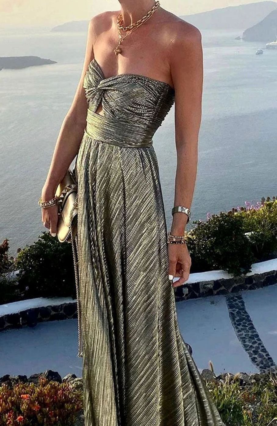 Hannah | Women's Strapless Pleated Metallic Maxi Wedding Guest Dress
