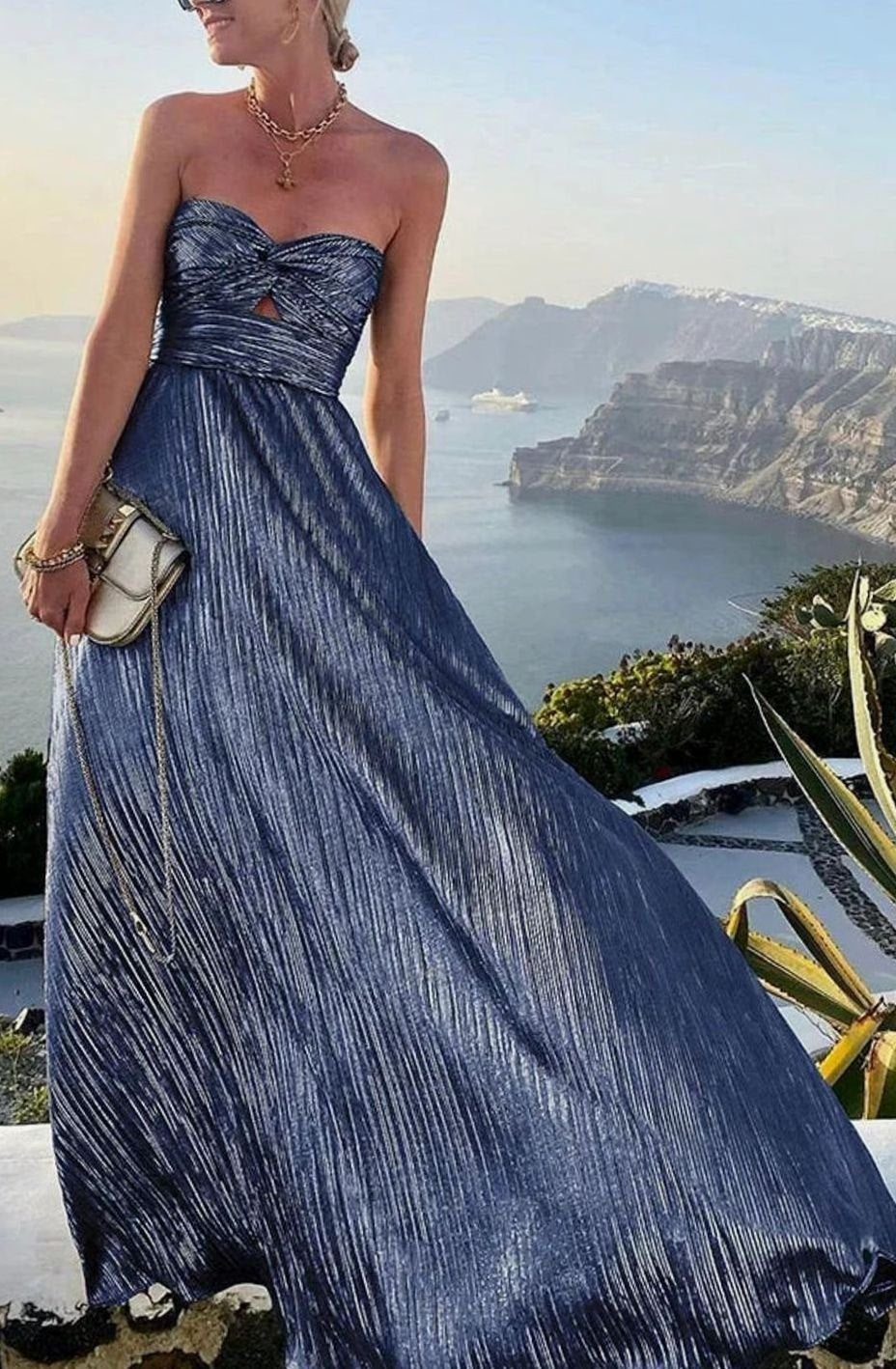 Hannah | Women's Strapless Pleated Metallic Maxi Wedding Guest Dress