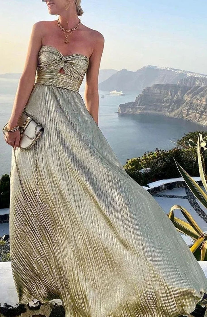 Hannah | Women's Strapless Pleated Metallic Maxi Wedding Guest Dress