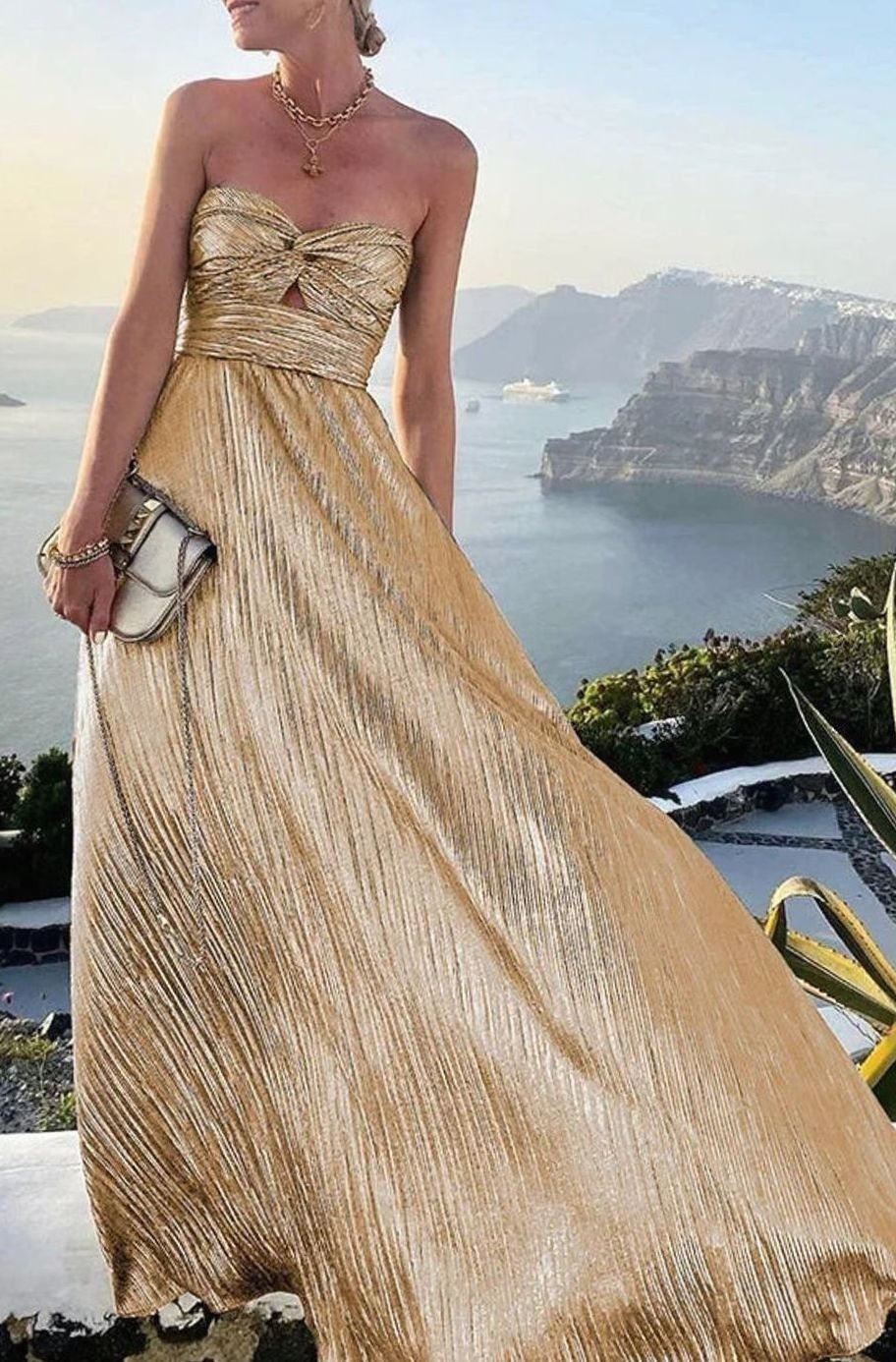 Hannah | Women's Strapless Pleated Metallic Maxi Wedding Guest Dress