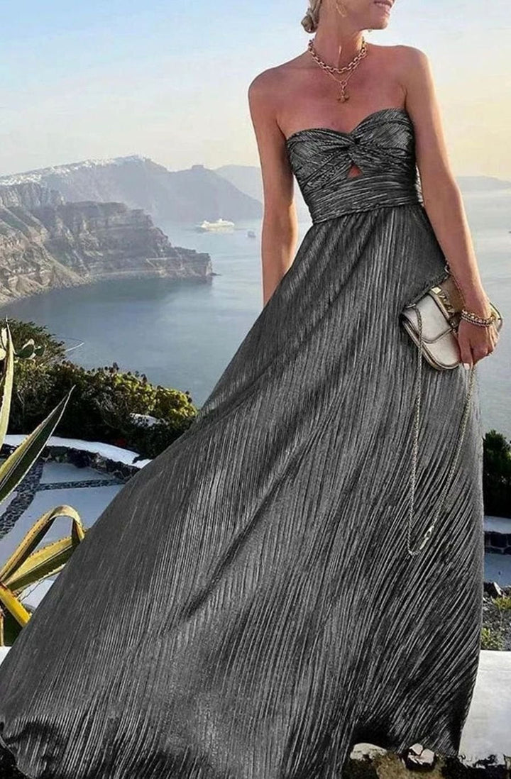 Hannah | Women's Strapless Pleated Metallic Maxi Wedding Guest Dress