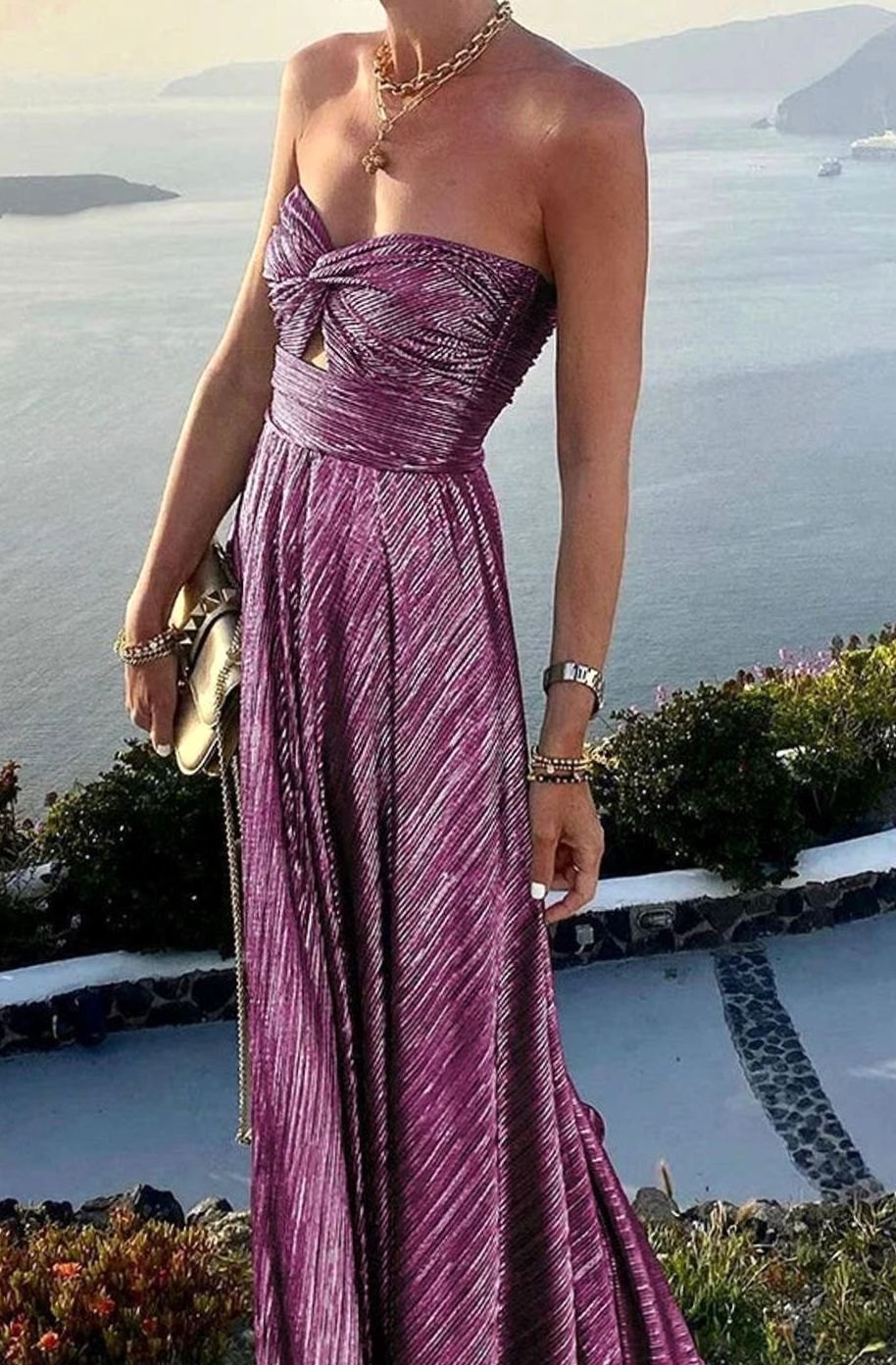 Hannah | Women's Strapless Pleated Metallic Maxi Wedding Guest Dress