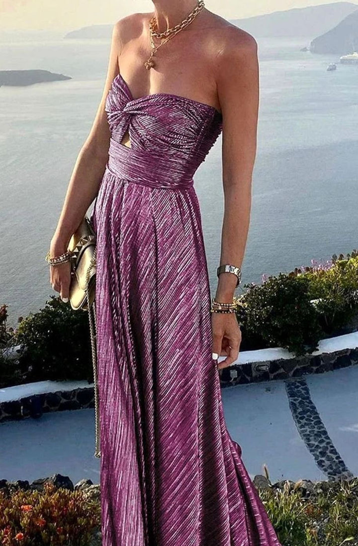 Hannah | Women's Strapless Pleated Metallic Maxi Wedding Guest Dress