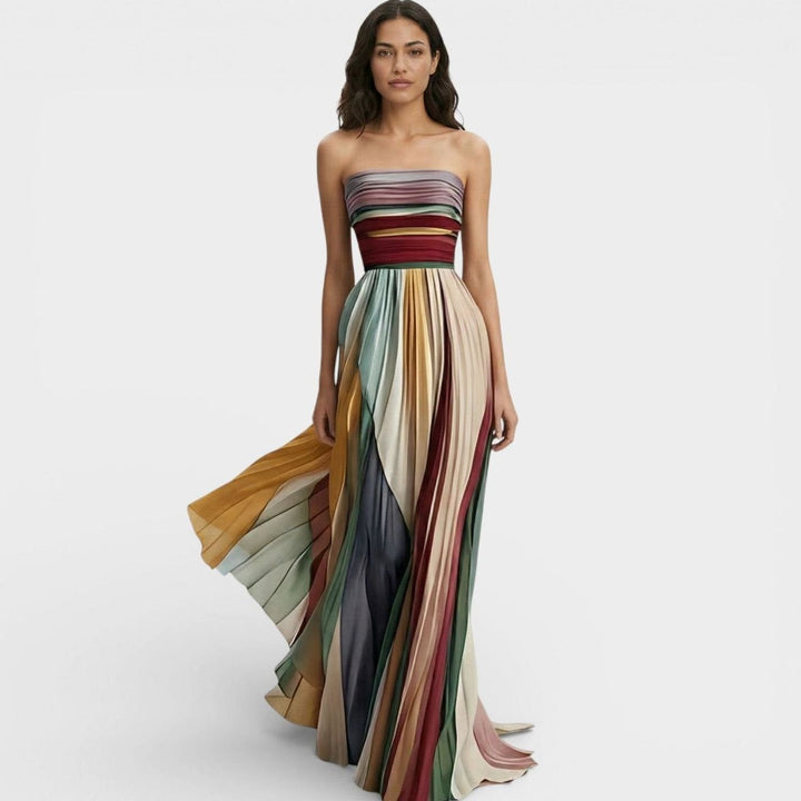 Mia | Women's Strapless Pleated Ruched Multicolour Maxi Dress