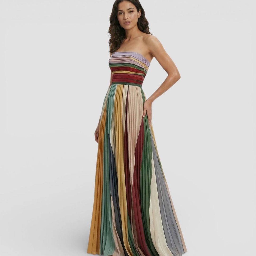 Mia | Women's Strapless Pleated Ruched Multicolour Maxi Dress