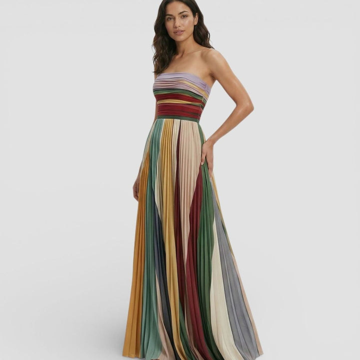 Mia | Women's Strapless Pleated Ruched Multicolour Maxi Dress