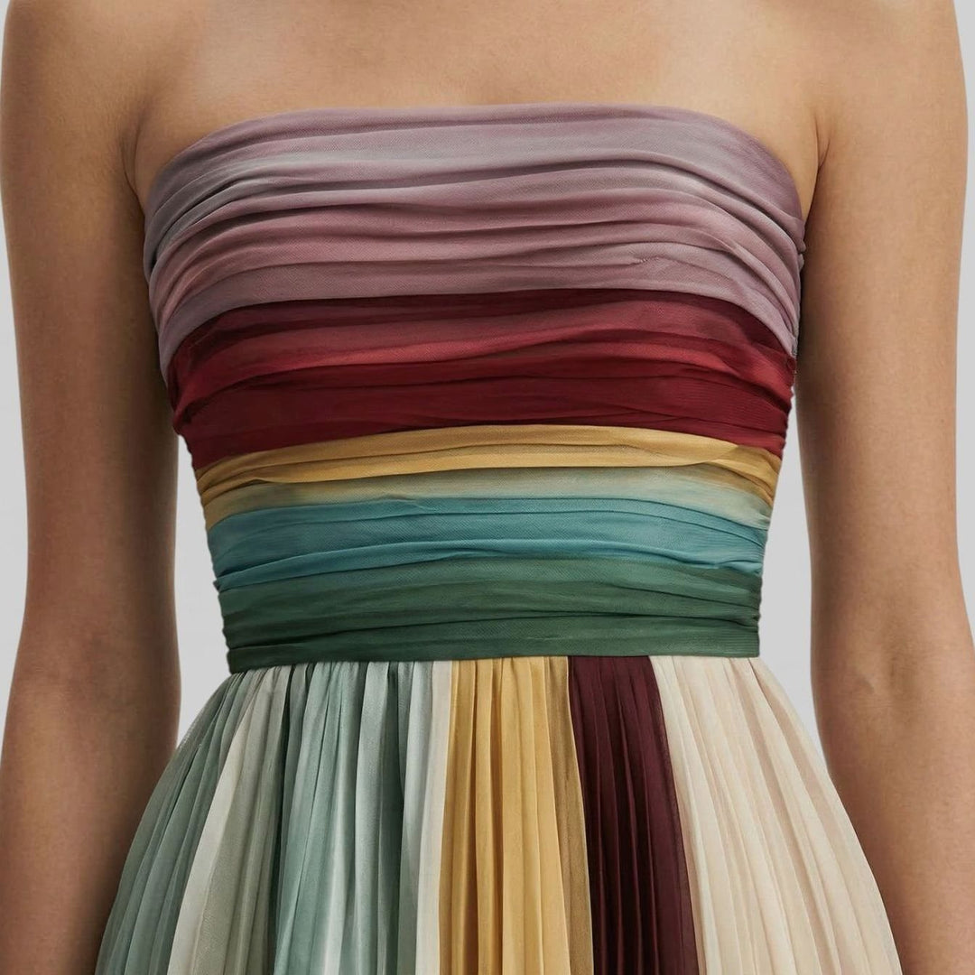 Mia | Women's Strapless Pleated Ruched Multicolour Maxi Dress