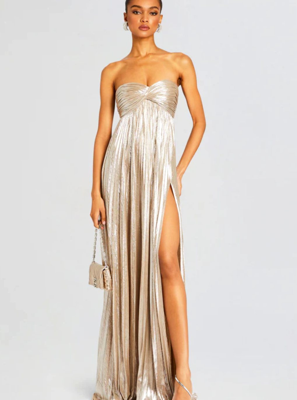 Aria | Women's Strapless Twisted-Bodice Pleated Metallic Maxi Dress High Slit