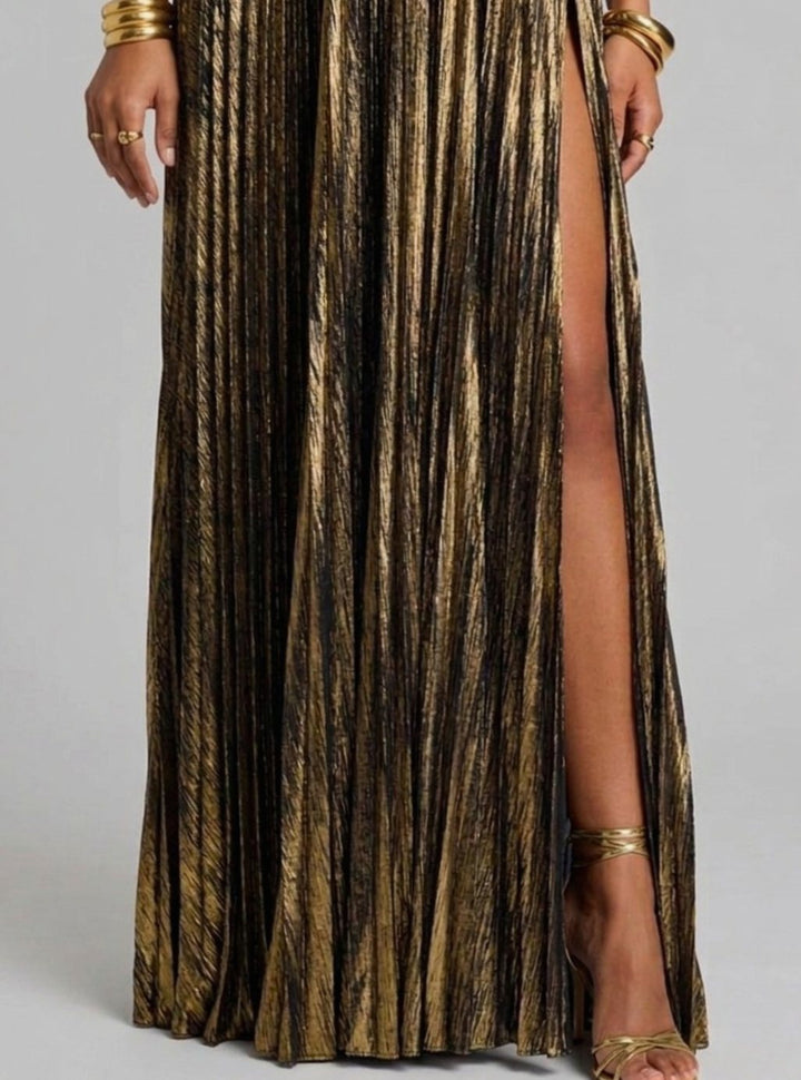 Aria | Women's Strapless Twisted-Bodice Pleated Metallic Maxi Dress High Slit