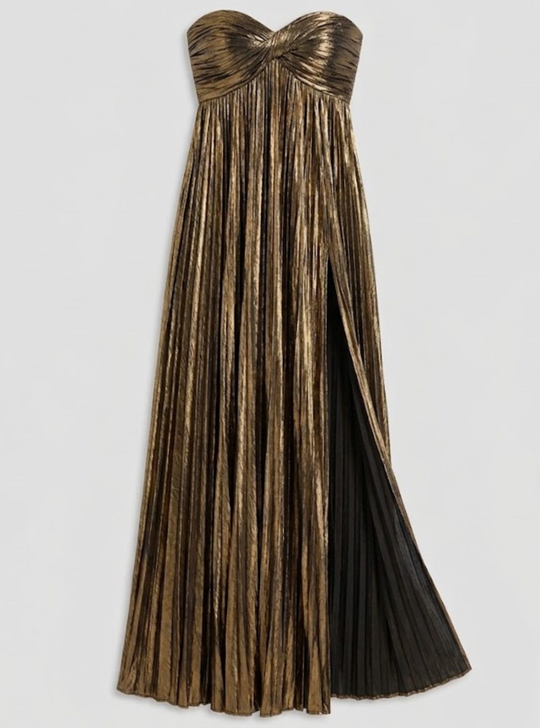 Aria | Women's Strapless Twisted-Bodice Pleated Metallic Maxi Dress High Slit