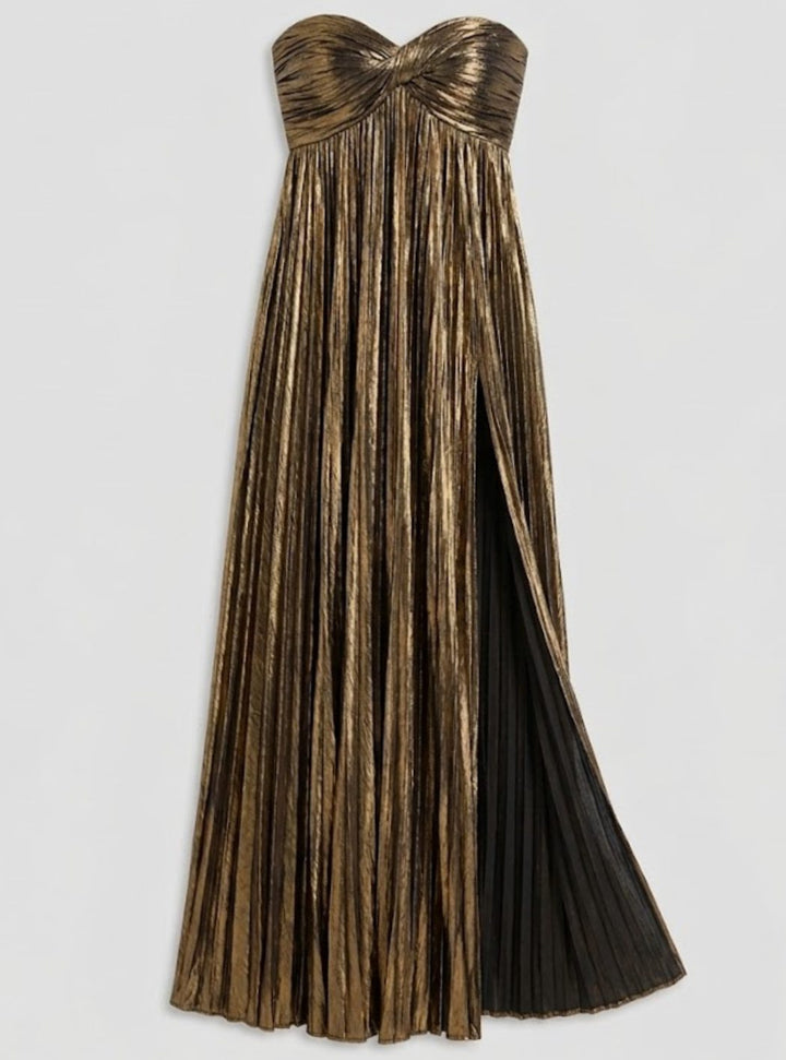 Aria | Women's Strapless Twisted-Bodice Pleated Metallic Maxi Dress High Slit