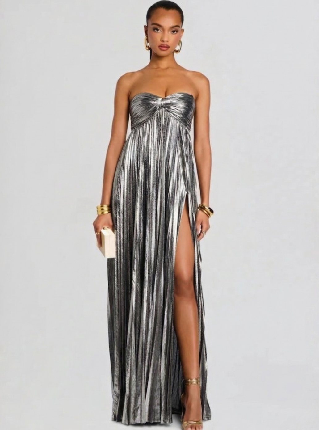 Aria | Women's Strapless Twisted-Bodice Pleated Metallic Maxi Dress High Slit